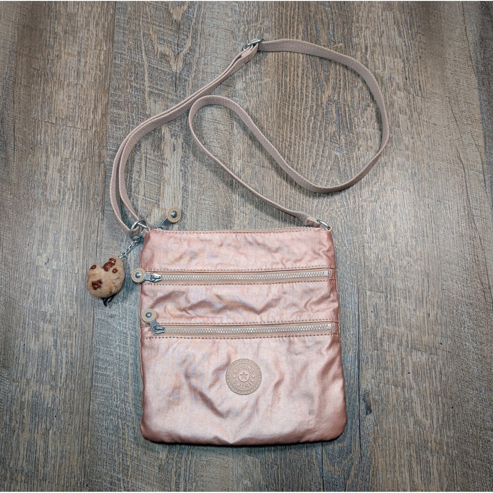 Kipling Keiko Quartz Antique Rose Gold Crossbody Bag With Monkey & Pockets